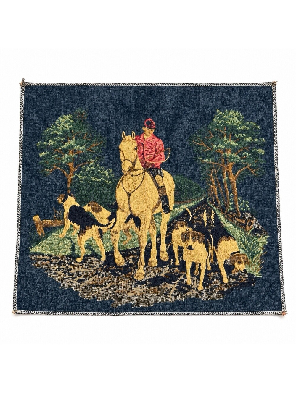 Pair of 2 Vintage Equestrian Fox Hunt Tapestry Fabric Panels Horse Hounds